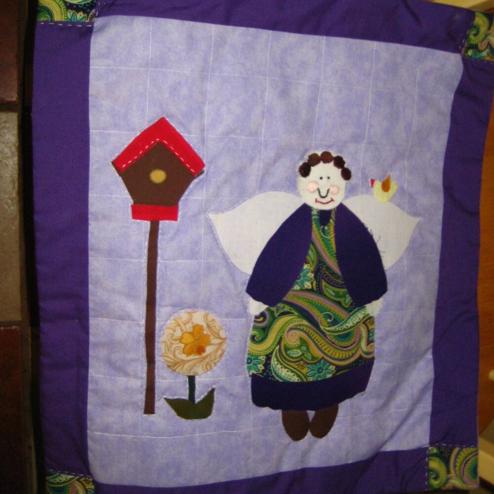 Quilted Wall Hanging Woman & Birdhouse Purple